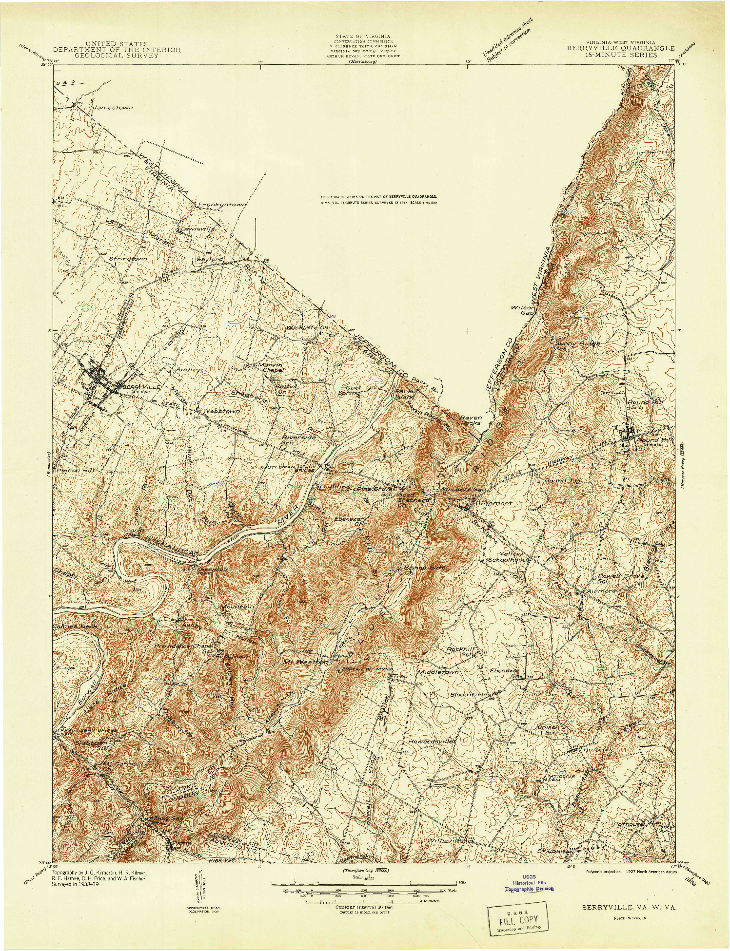 USGS 1:48000-SCALE QUADRANGLE FOR BERRYVILLE, VA 1939