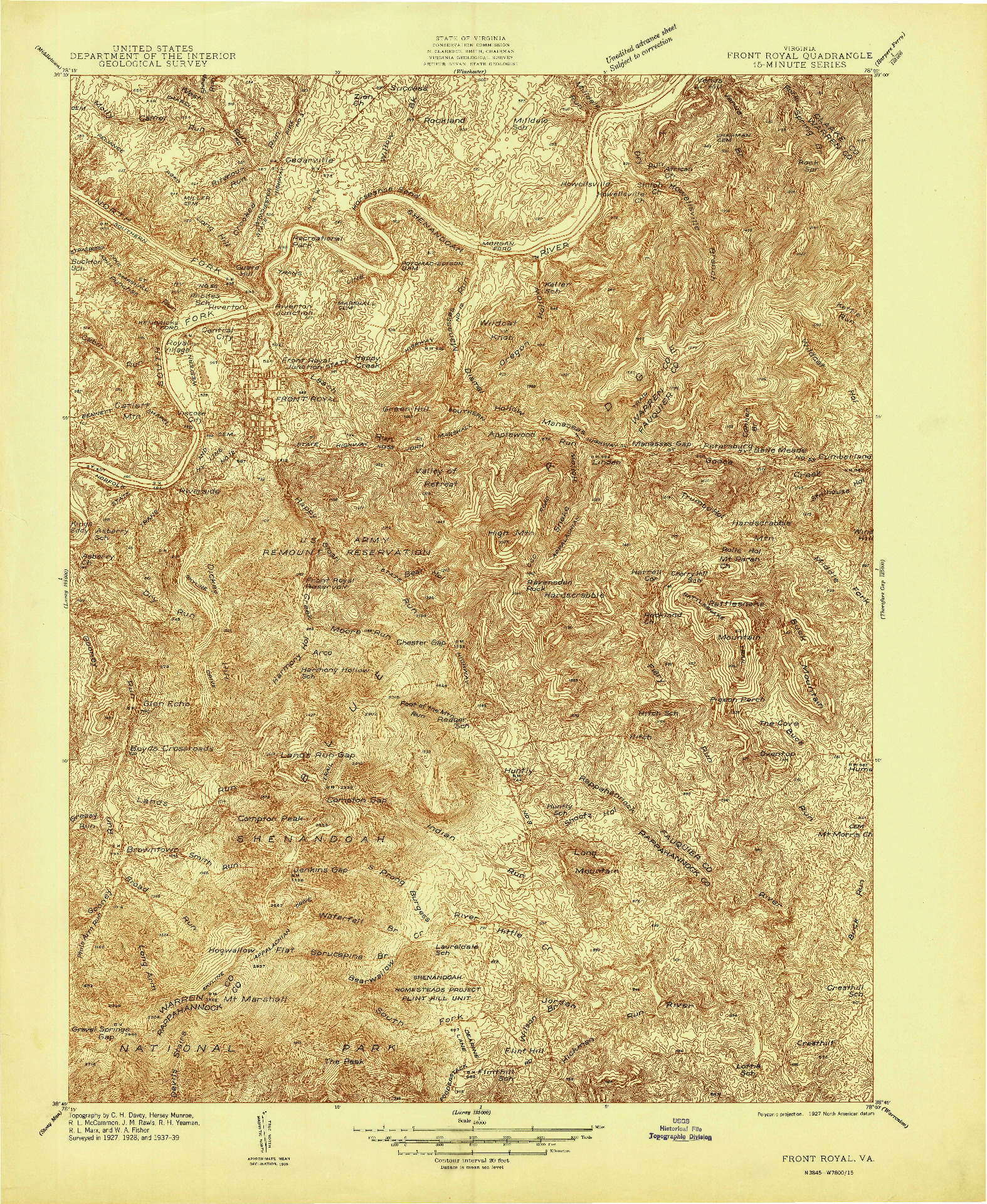 USGS 1:48000-SCALE QUADRANGLE FOR FRONT ROYAL, VA 1939