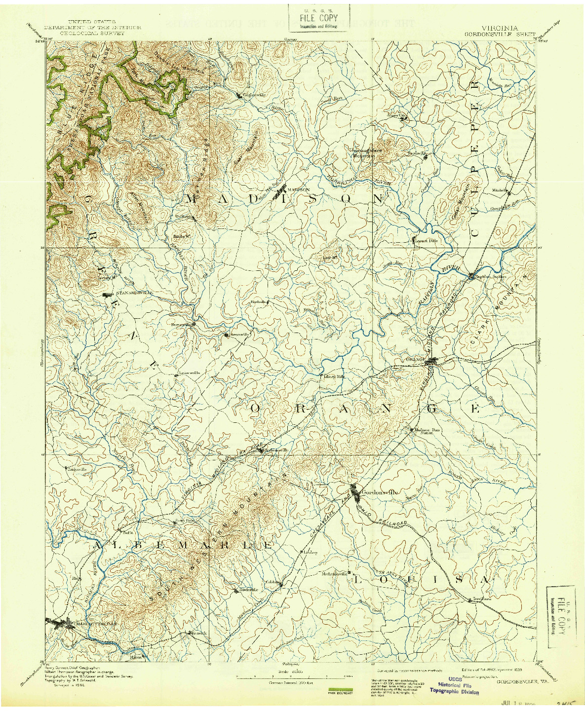 USGS 1:125000-SCALE QUADRANGLE FOR GORDONSVILLE, VA 1892