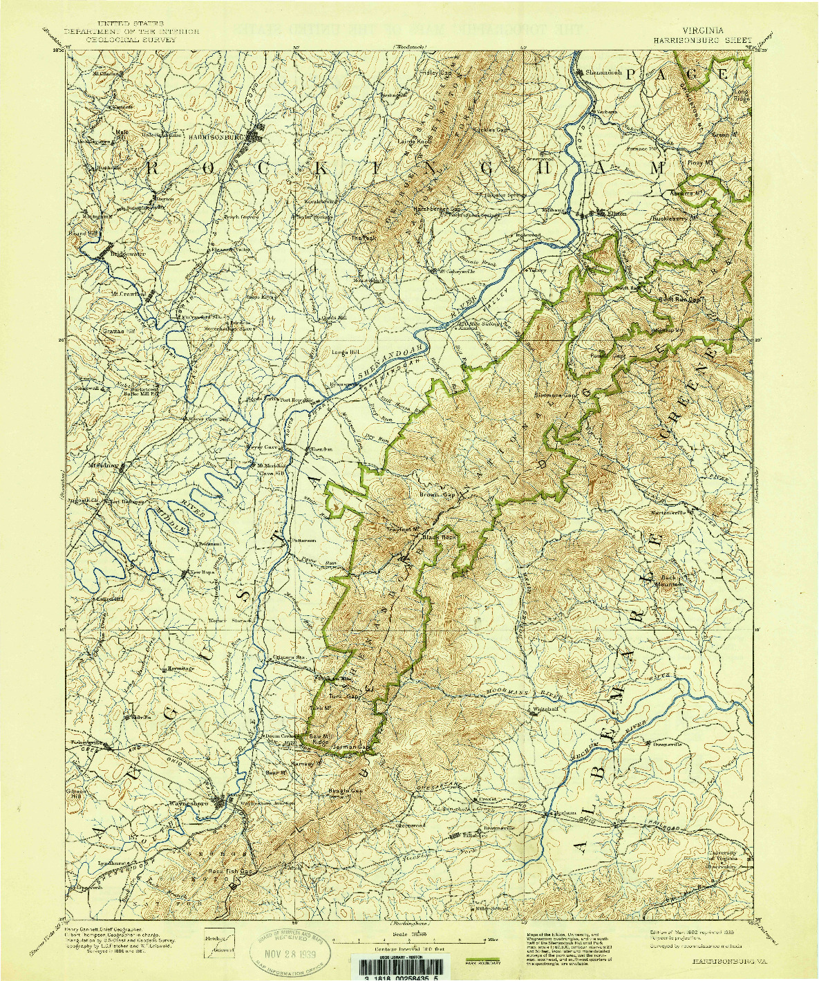 USGS 1:125000-SCALE QUADRANGLE FOR HARRISONBURG, VA 1892