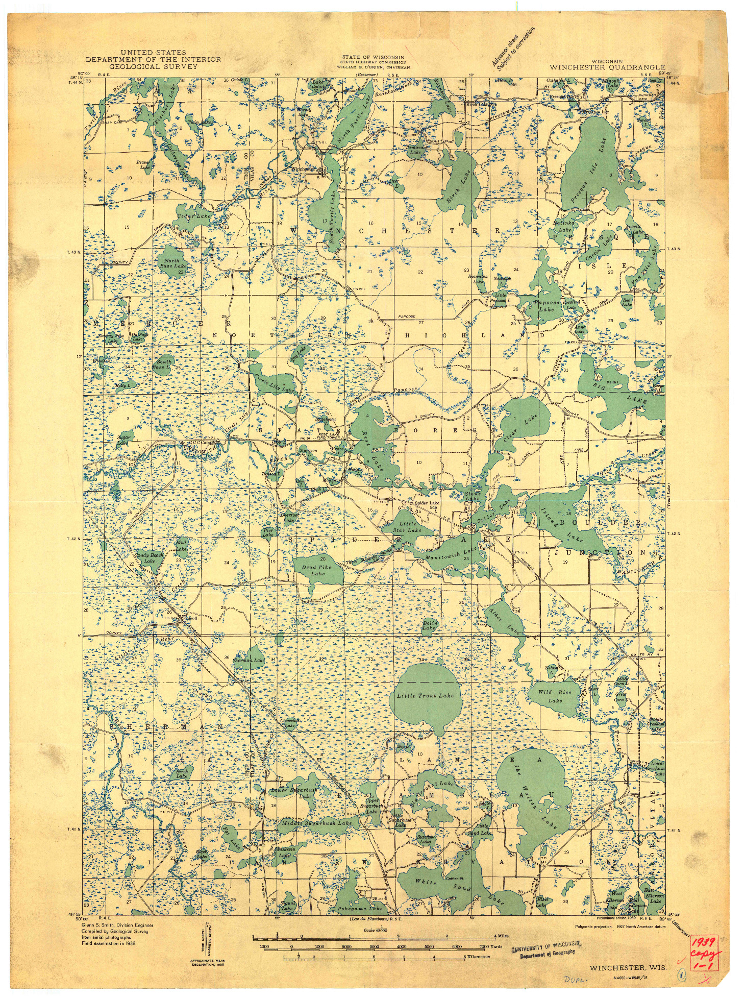 USGS 1:48000-SCALE QUADRANGLE FOR WINCHESTER, WI 1939
