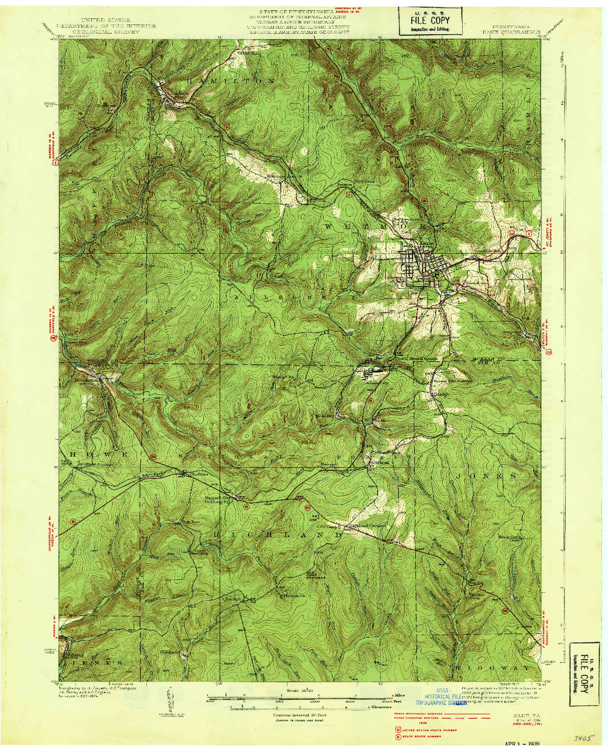 USGS 1:62500-SCALE QUADRANGLE FOR KANE, PA 1939