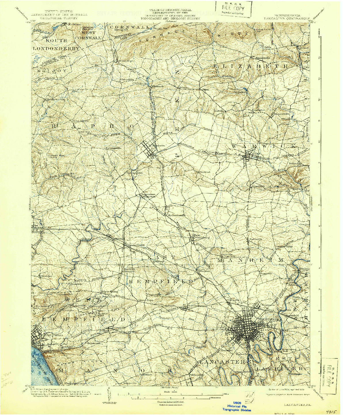 USGS 1:62500-SCALE QUADRANGLE FOR LANCASTER, PA 1904