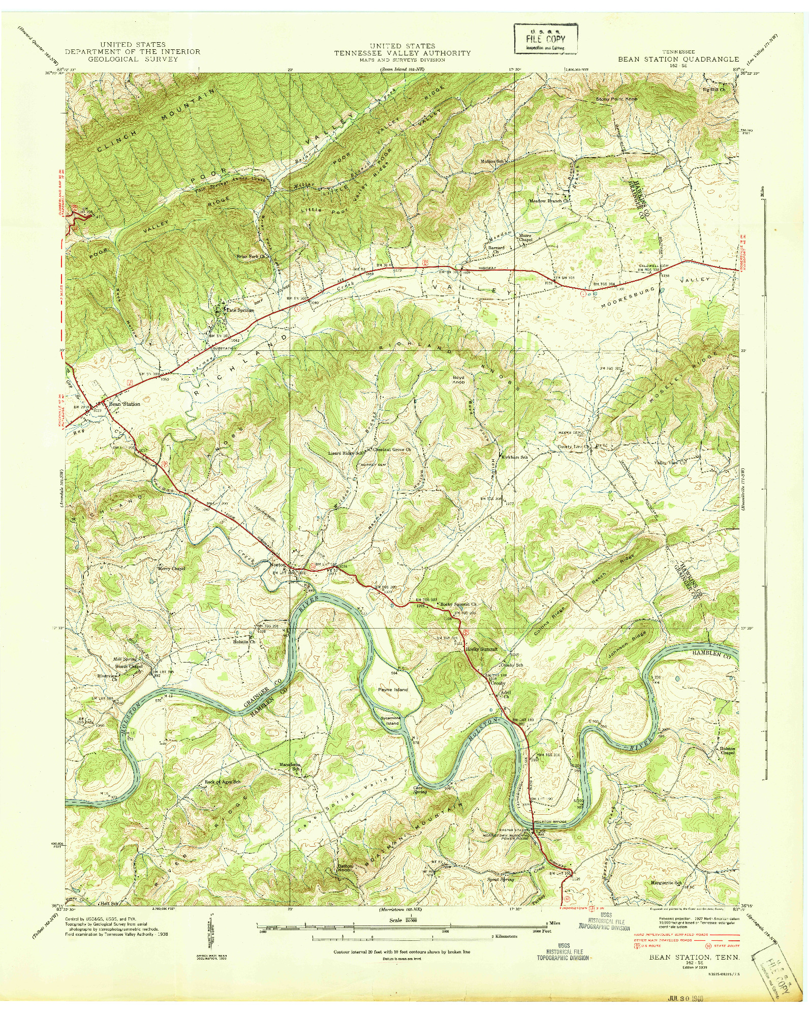 USGS 1:24000-SCALE QUADRANGLE FOR BEAN STATION, TN 1939