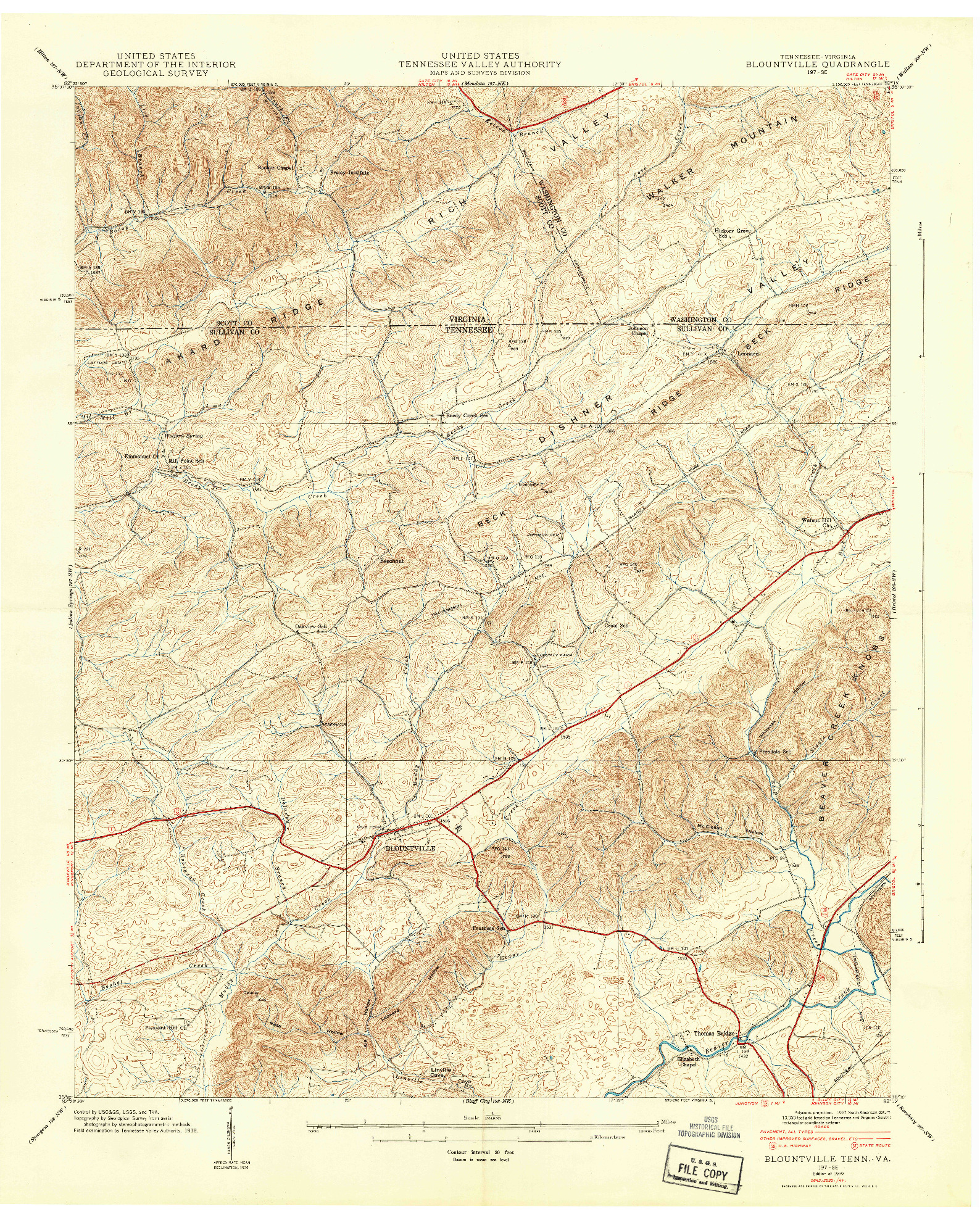 USGS 1:24000-SCALE QUADRANGLE FOR BLOUNTVILLE, TN 1939