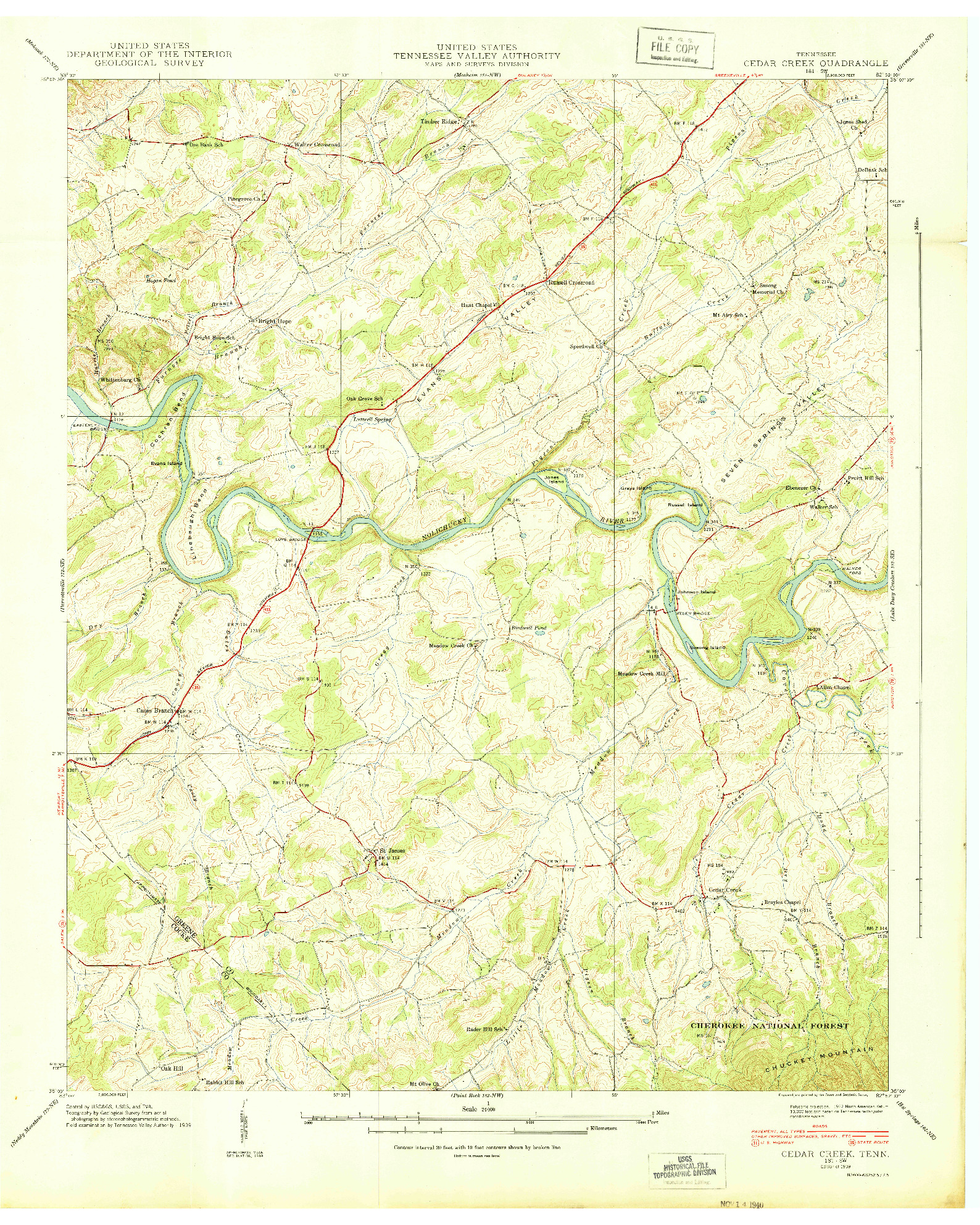 USGS 1:24000-SCALE QUADRANGLE FOR CEDAR CREEK, TN 1939