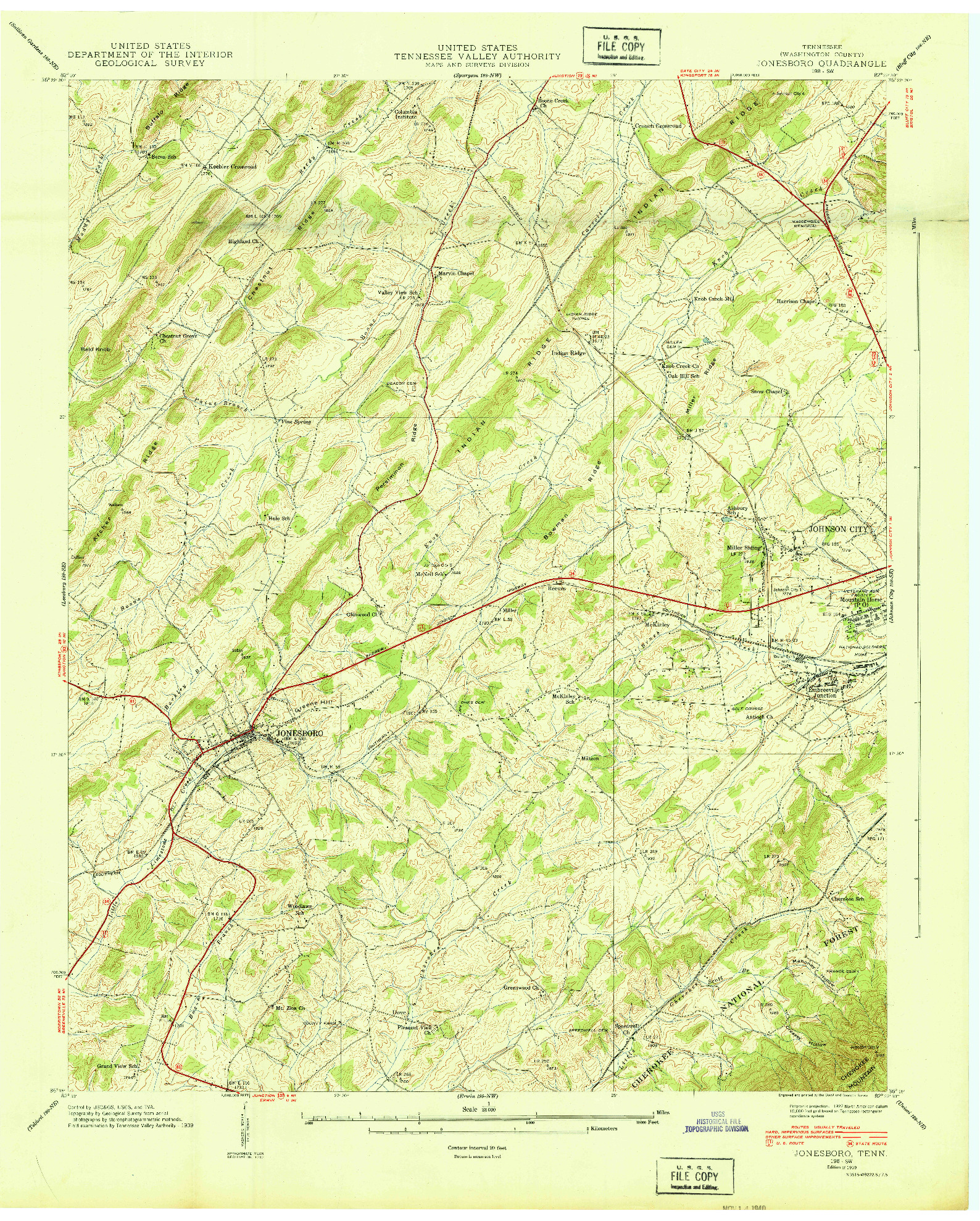 USGS 1:24000-SCALE QUADRANGLE FOR JONESBORO, TN 1939