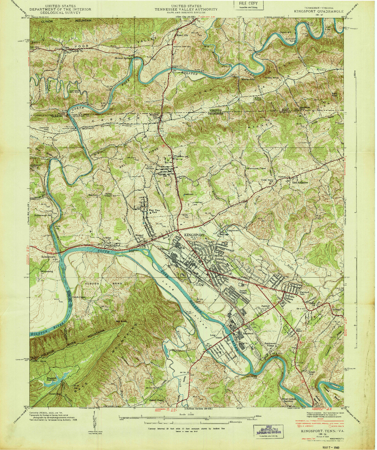 USGS 1:24000-SCALE QUADRANGLE FOR KINGSPORT, TN 1939