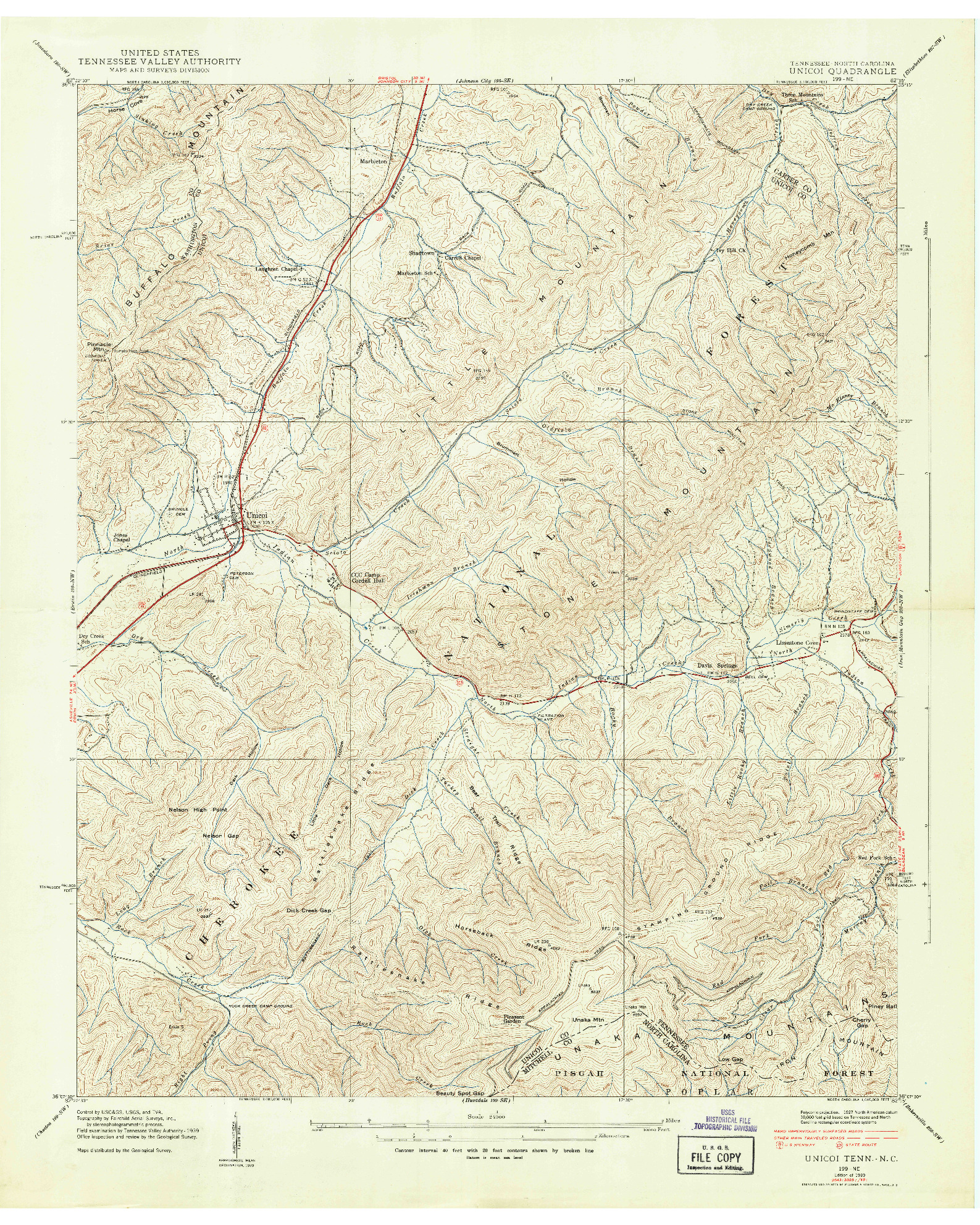 USGS 1:24000-SCALE QUADRANGLE FOR UNICOI, TN 1939