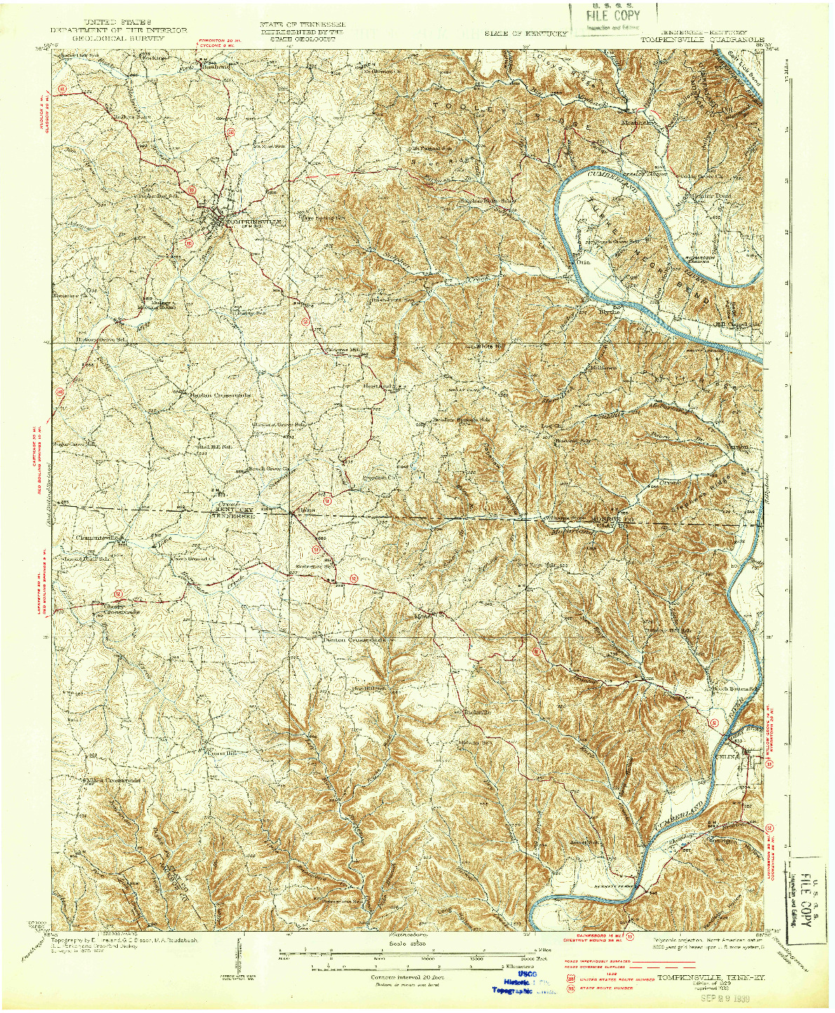 USGS 1:62500-SCALE QUADRANGLE FOR TOMPKINSVILLE, TN 1929