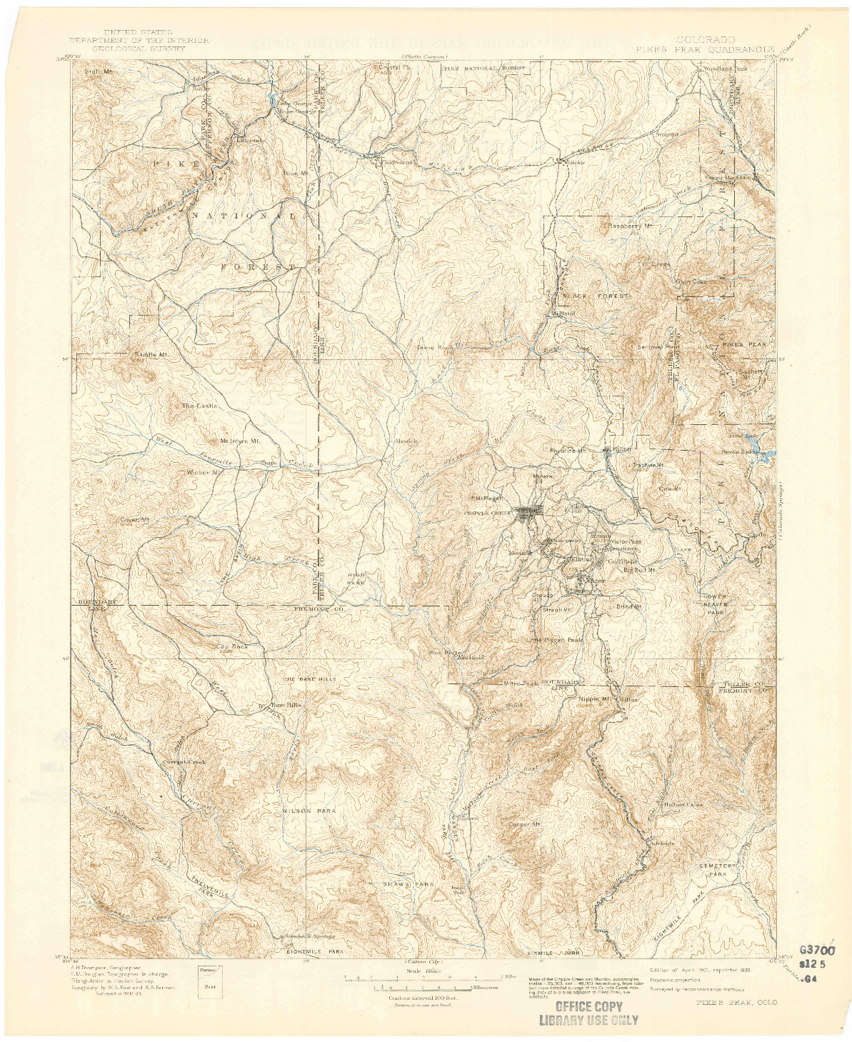 USGS 1:125000-SCALE QUADRANGLE FOR PIKES PEAK, CO 1901