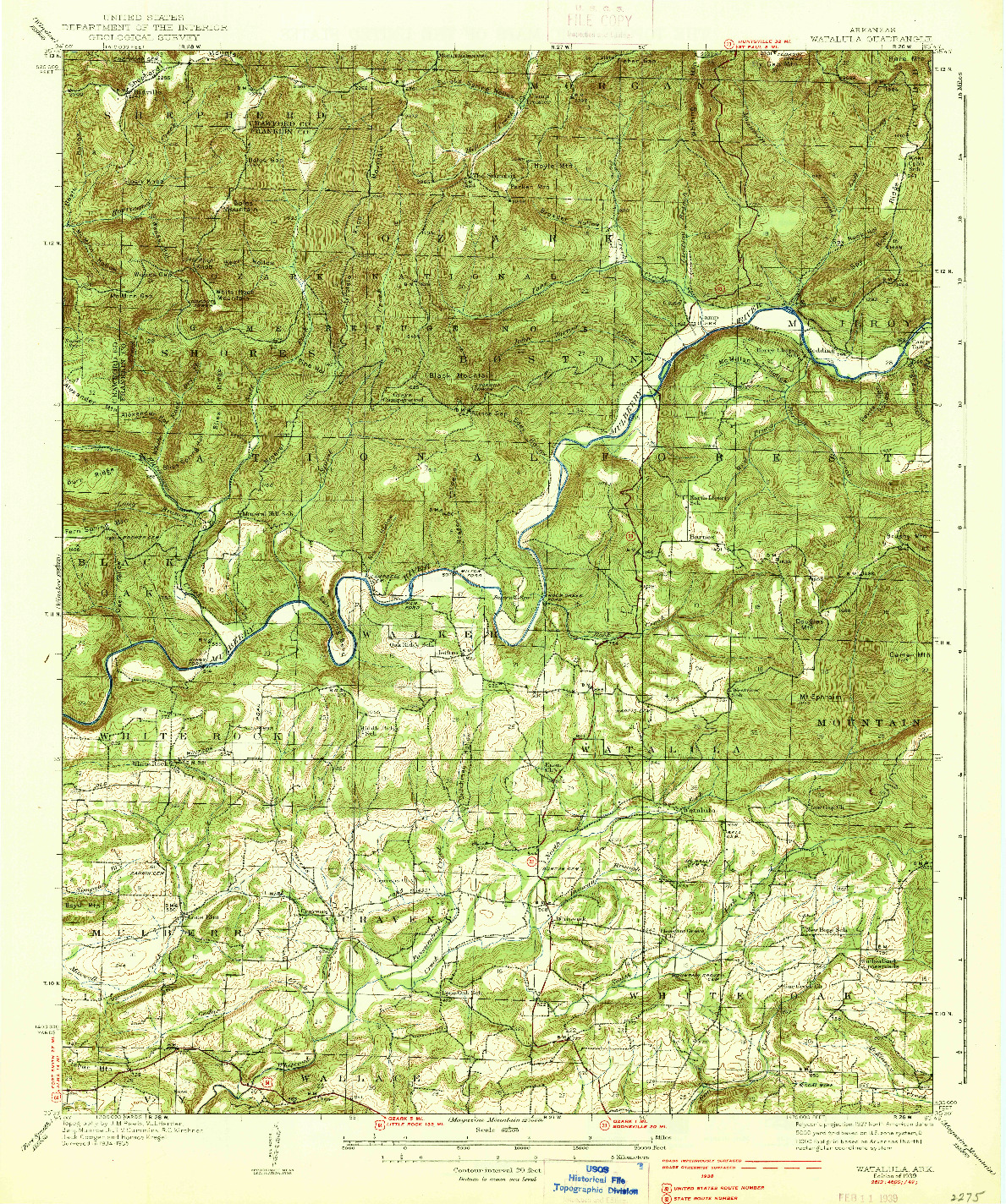 USGS 1:62500-SCALE QUADRANGLE FOR WATALULA, AR 1939