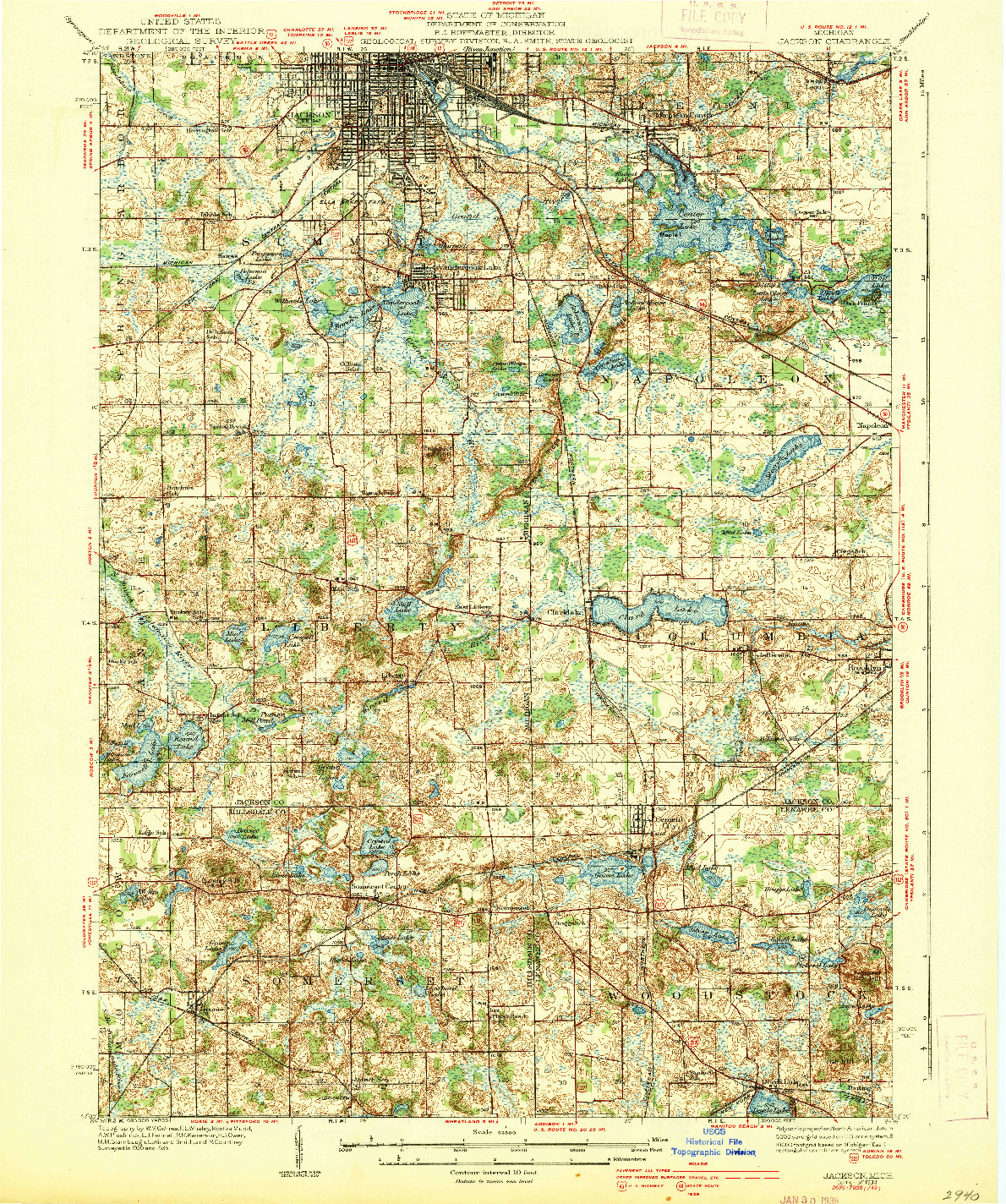 USGS 1:62500-SCALE QUADRANGLE FOR JACKSON, MI 1939