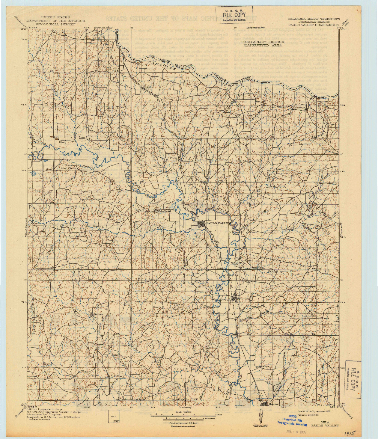 USGS 1:125000-SCALE QUADRANGLE FOR PAULS VALLEY, OK 1902