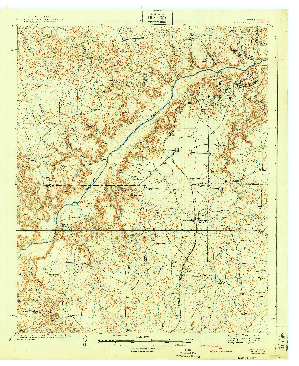 USGS 1:62500-SCALE QUADRANGLE FOR SANFORD, TX 1939