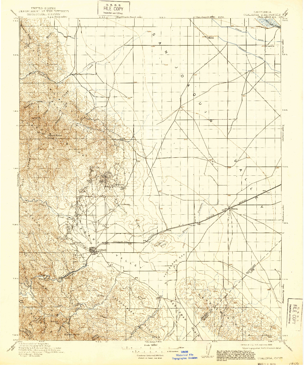 USGS 1:125000-SCALE QUADRANGLE FOR COALINGA, CA 1912