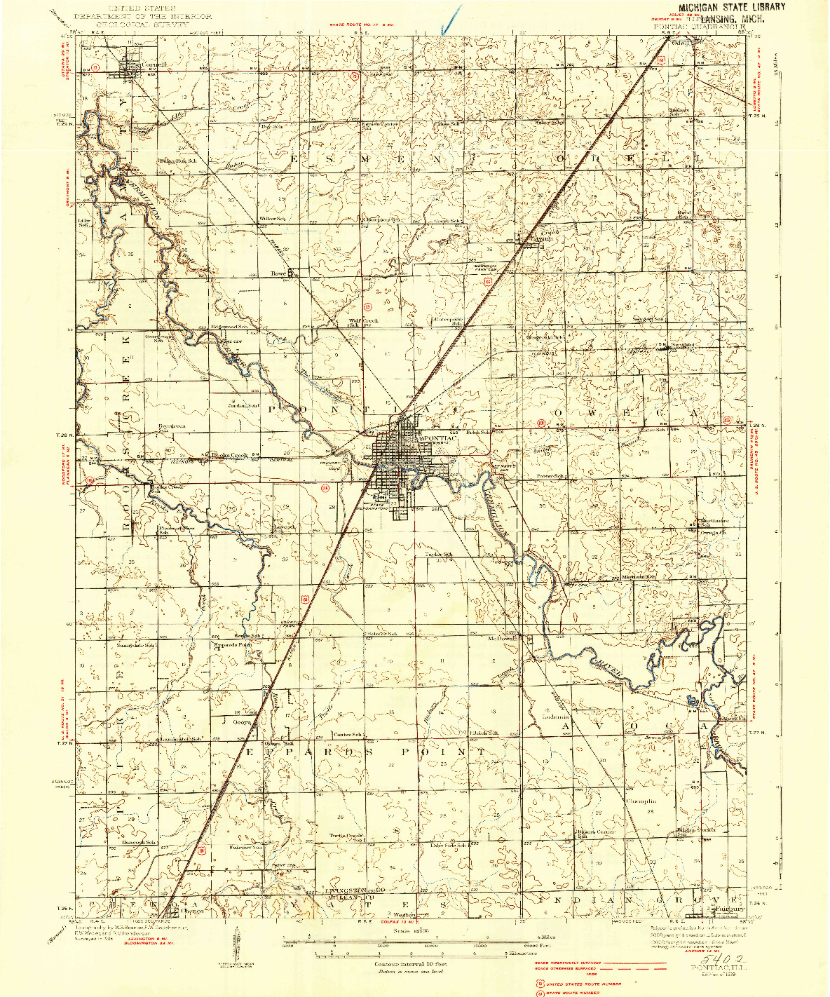 USGS 1:62500-SCALE QUADRANGLE FOR PONTIAC, IL 1939