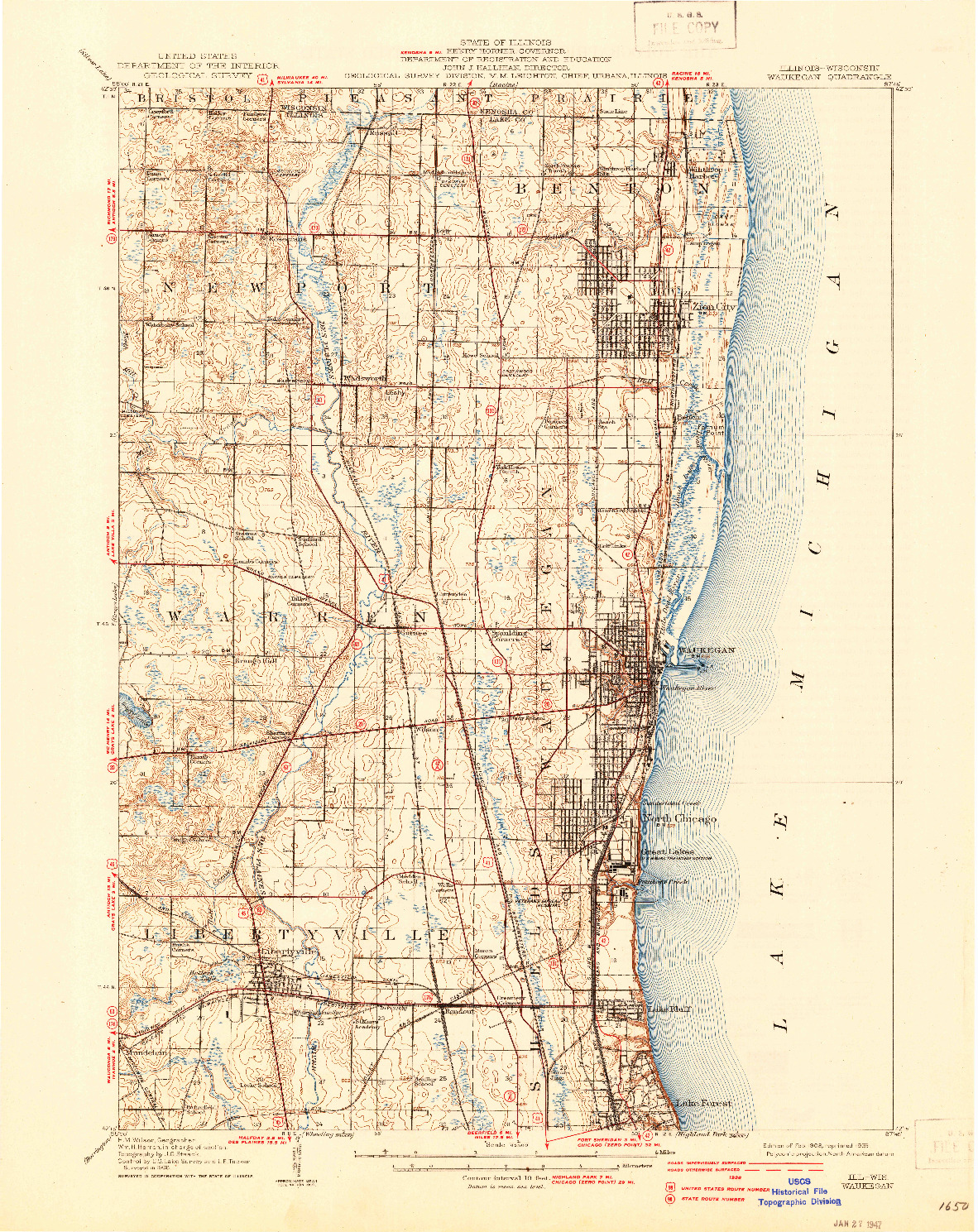 USGS 1:62500-SCALE QUADRANGLE FOR WAUKEGAN, IL 1908