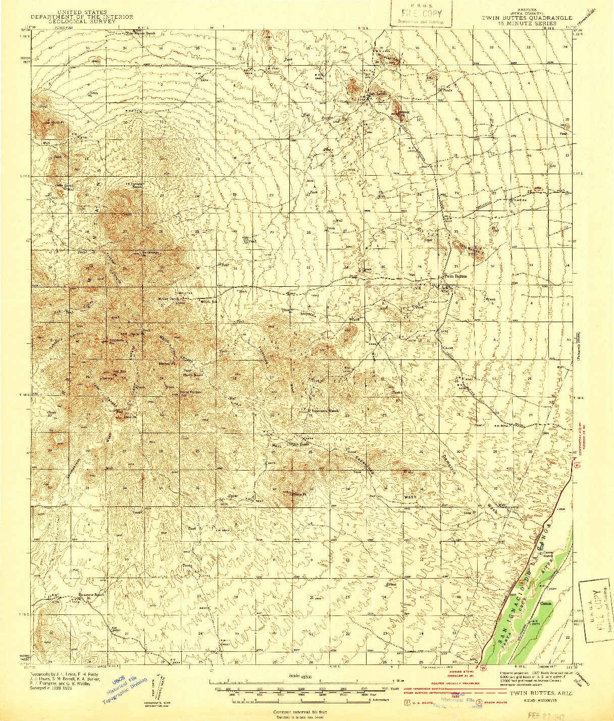 USGS 1:62500-SCALE QUADRANGLE FOR TWIN BUTTES, AZ 1939