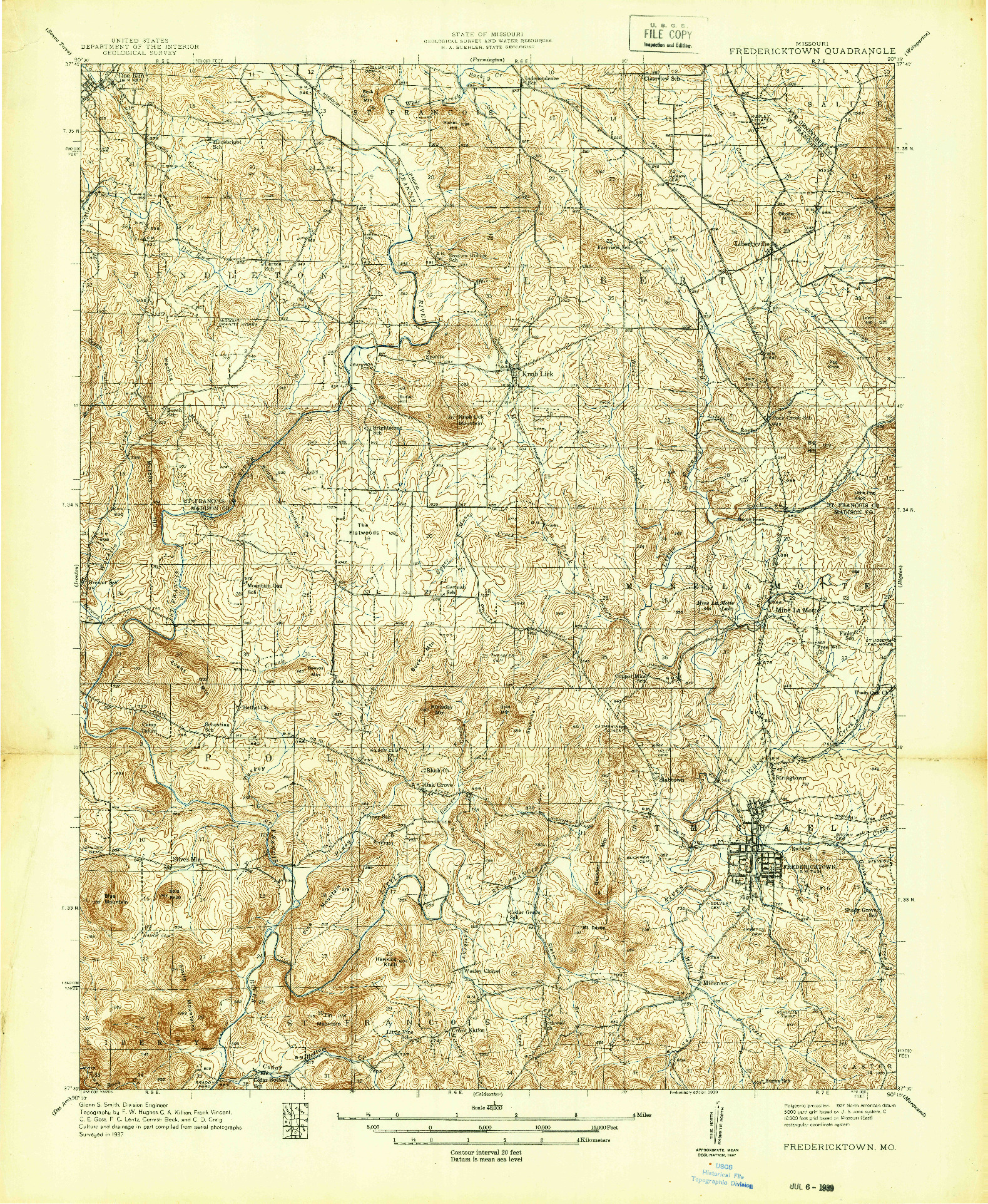 USGS 1:48000-SCALE QUADRANGLE FOR FREDERICKTOWN, MO 1939
