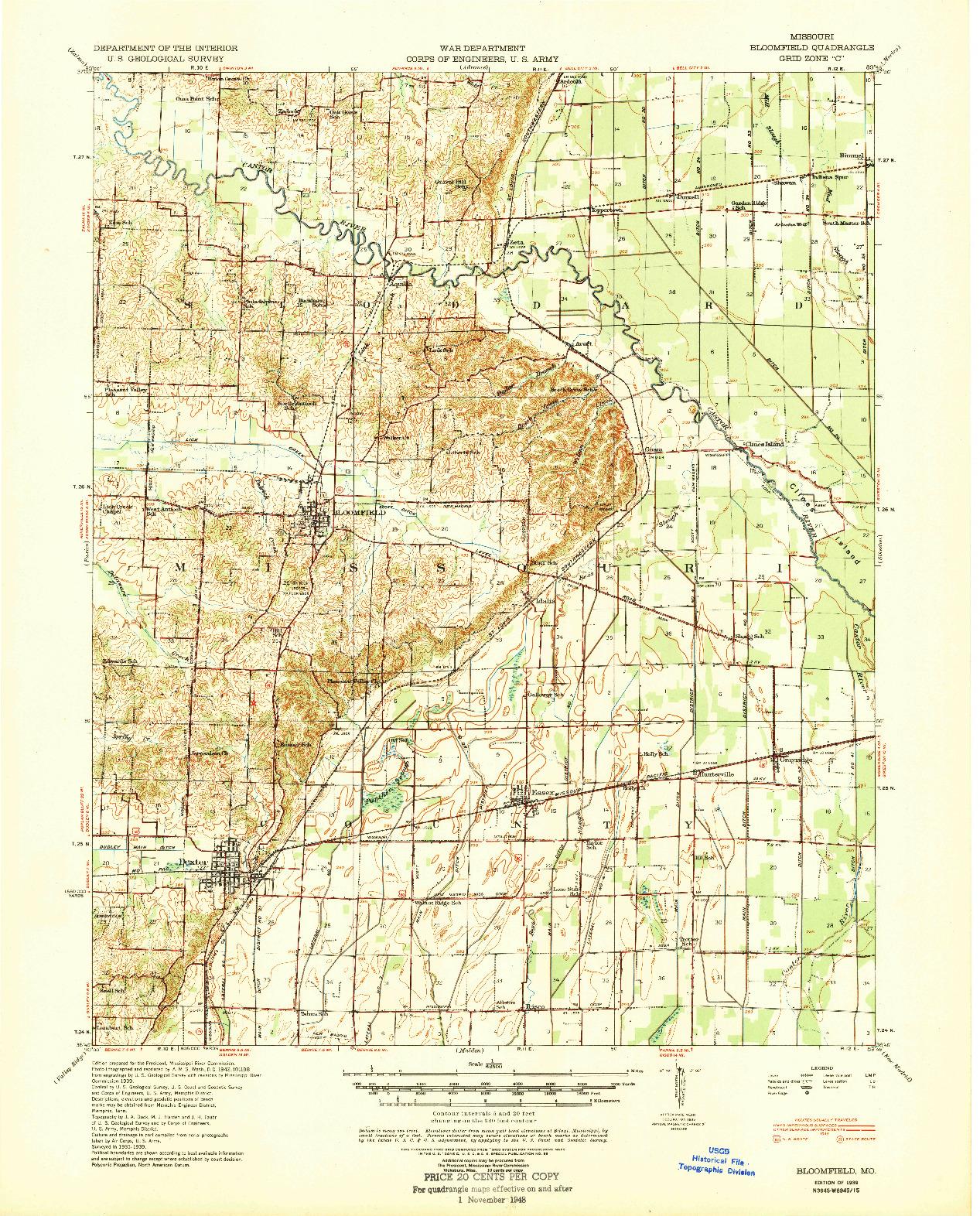 USGS 1:62500-SCALE QUADRANGLE FOR BLOOMFIELD, MO 1939