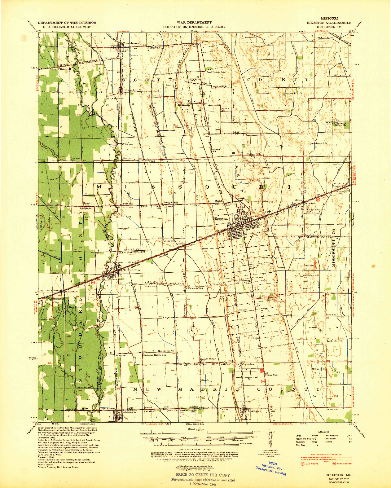 USGS 1:62500-SCALE QUADRANGLE FOR SIKESTON, MO 1939