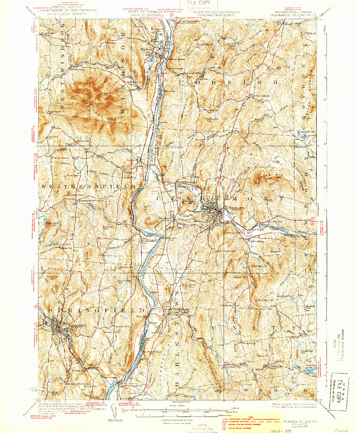 USGS 1:62500-SCALE QUADRANGLE FOR CLAREMONT, NH 1929