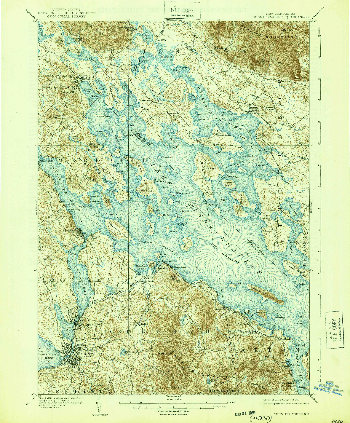 USGS 1:62500-SCALE QUADRANGLE FOR WINNIPESAUKEE, NH 1909