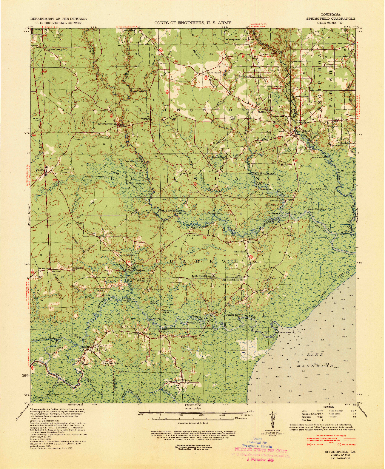 USGS 1:62500-SCALE QUADRANGLE FOR SPRINGFIELD, LA 1939