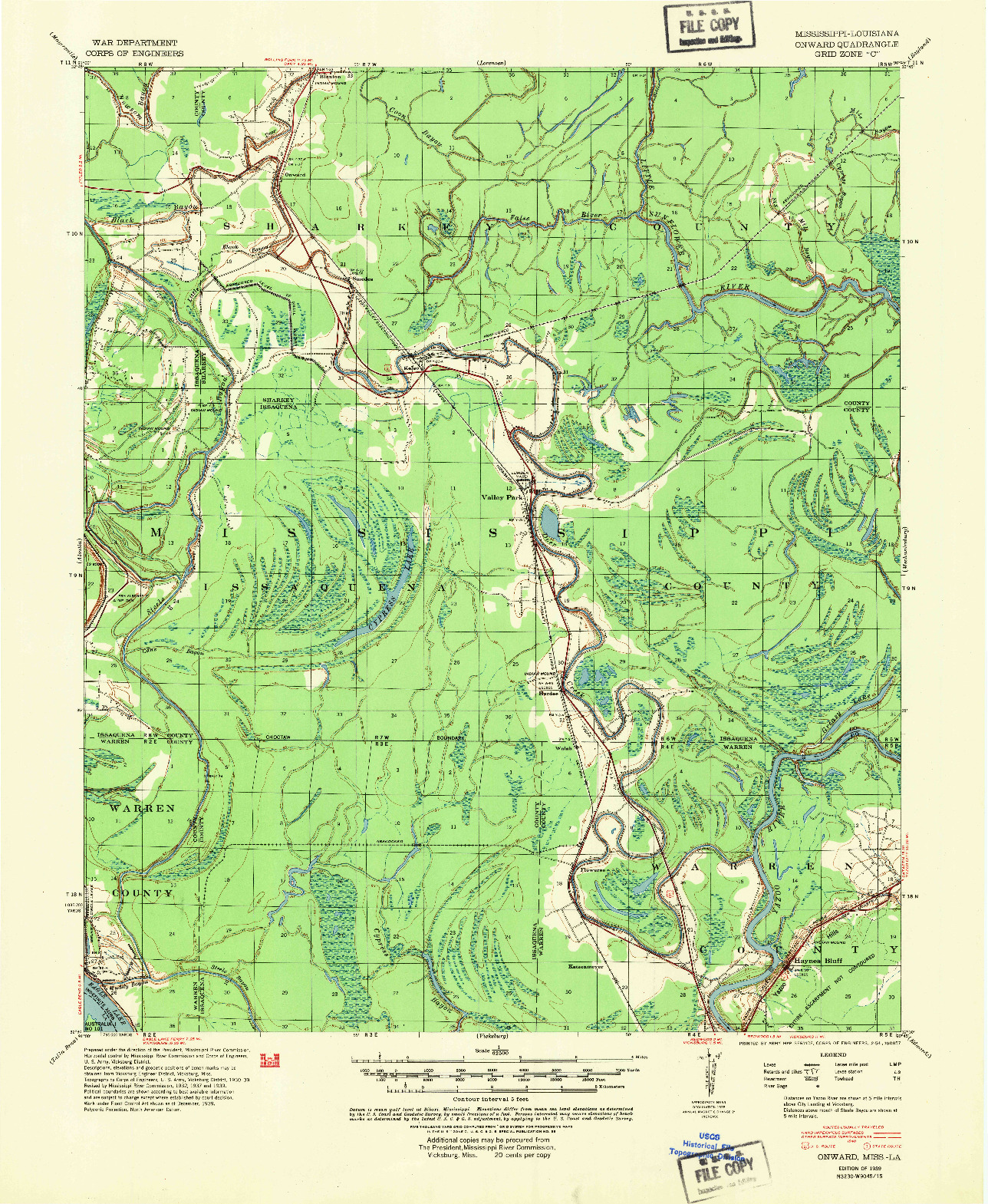 USGS 1:62500-SCALE QUADRANGLE FOR ONWARD, MS 1939