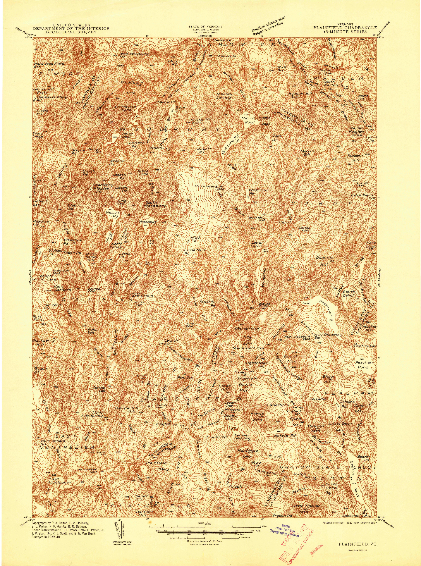 USGS 1:48000-SCALE QUADRANGLE FOR PLAINFIELD, VT 1939