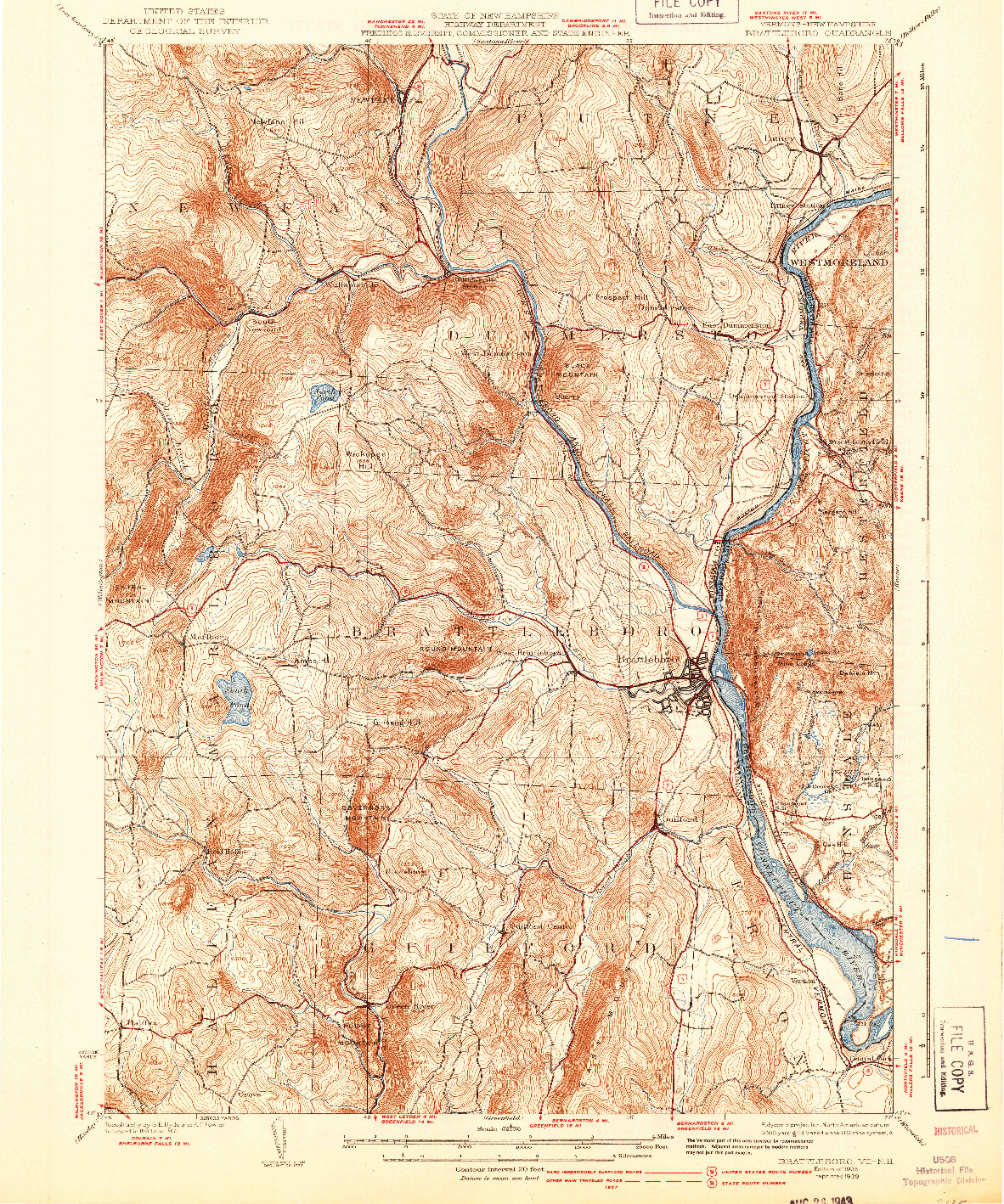 USGS 1:62500-SCALE QUADRANGLE FOR BRATTLEBORO, VT 1935