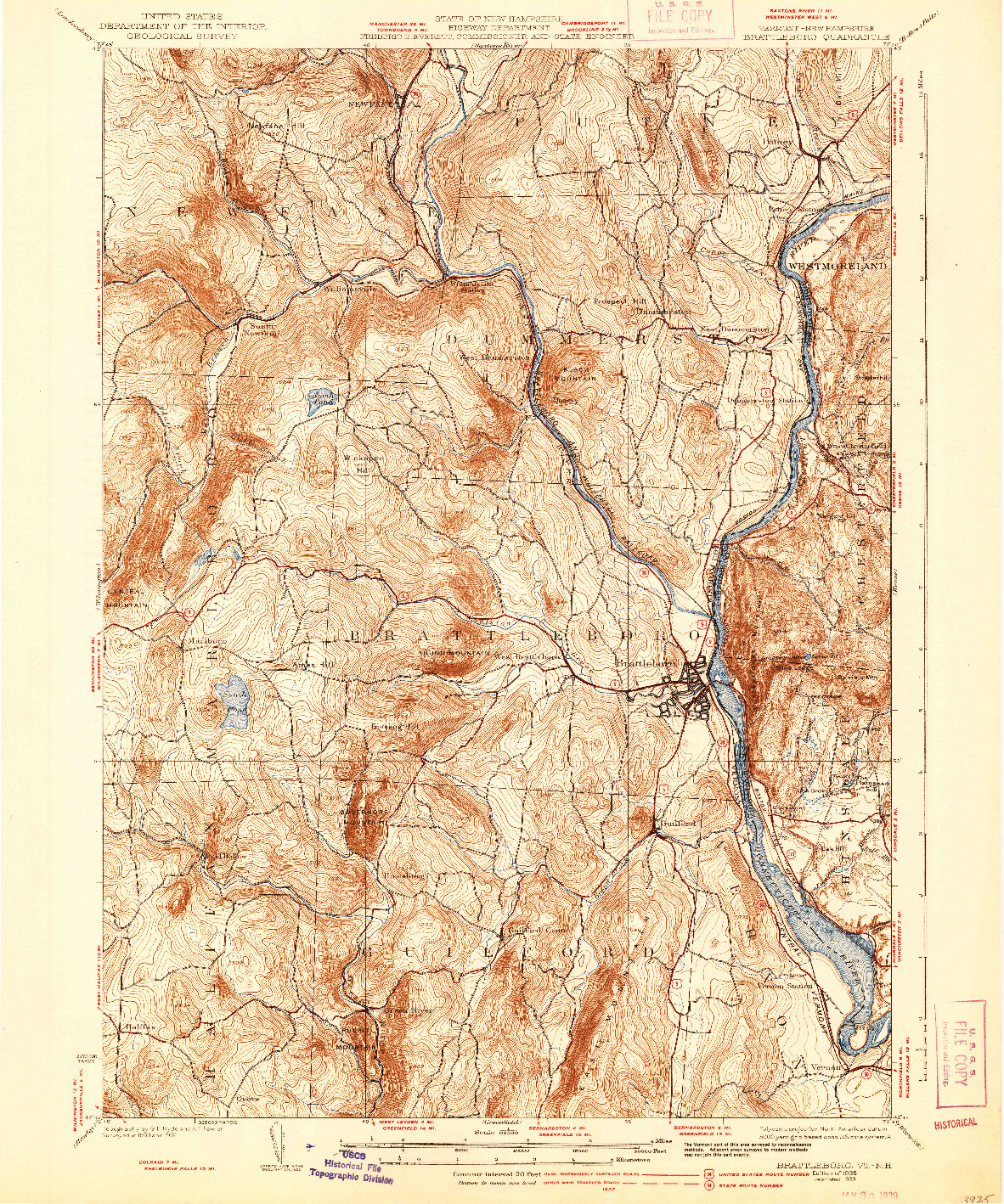 USGS 1:62500-SCALE QUADRANGLE FOR BRATTLEBORO, VT 1935