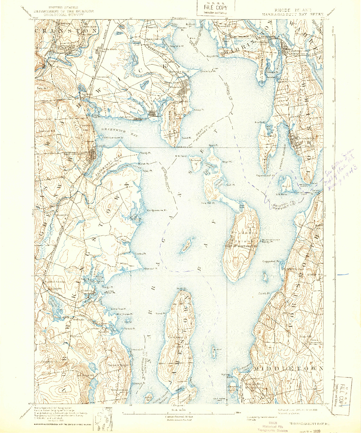 USGS 1:62500-SCALE QUADRANGLE FOR NARRAGANSETT BAY, RI 1892