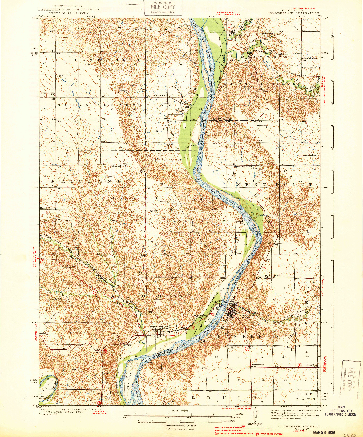 USGS 1:62500-SCALE QUADRANGLE FOR CHAMBERLAIN, SD 1939