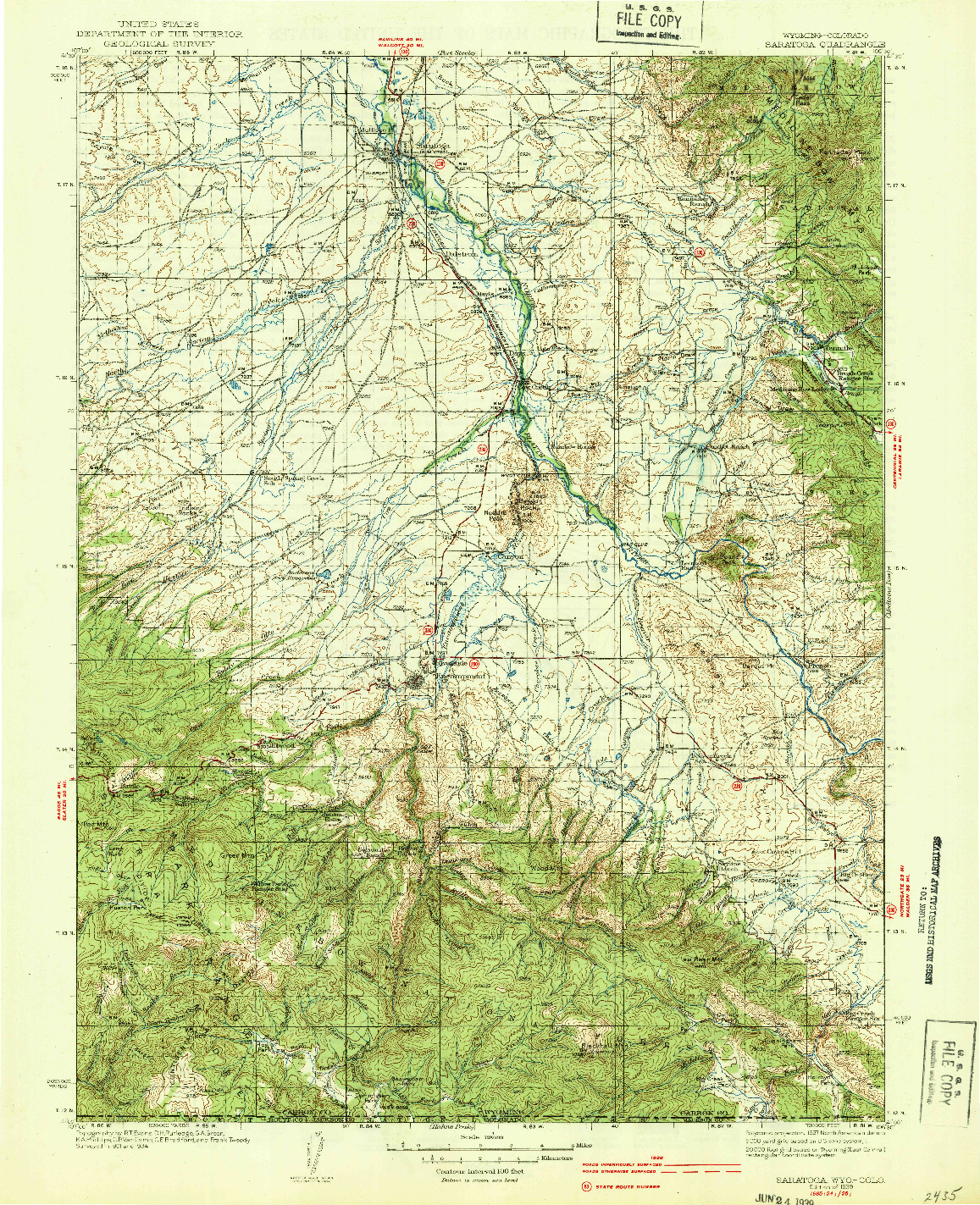 USGS 1:125000-SCALE QUADRANGLE FOR SARATOGA, WY 1939