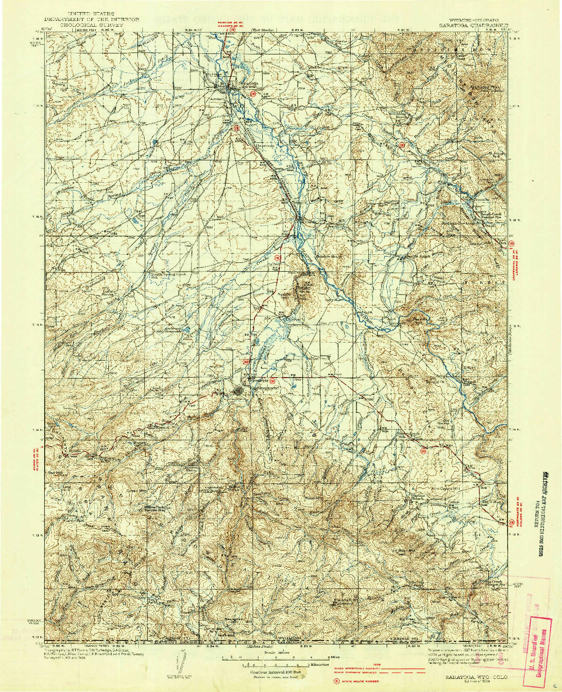 USGS 1:125000-SCALE QUADRANGLE FOR SARATOGA, WY 1939