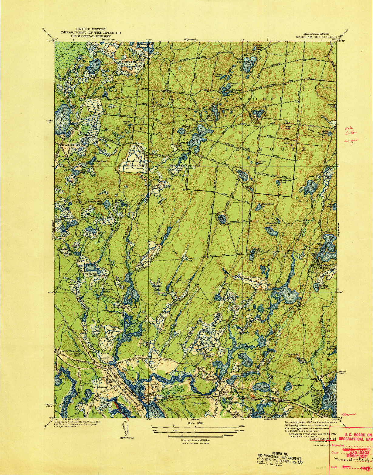 USGS 1:31680-SCALE QUADRANGLE FOR WAREHAM, MA 1939