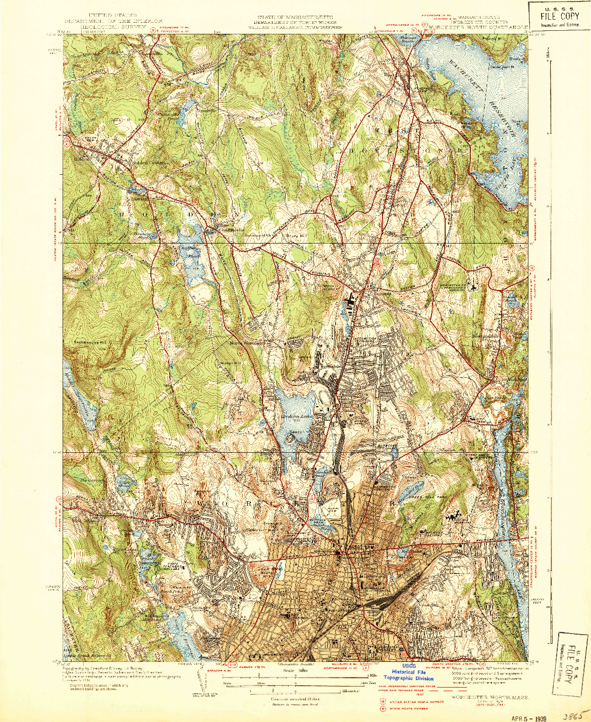 USGS 1:31680-SCALE QUADRANGLE FOR WORCESTER NORTH, MA 1939