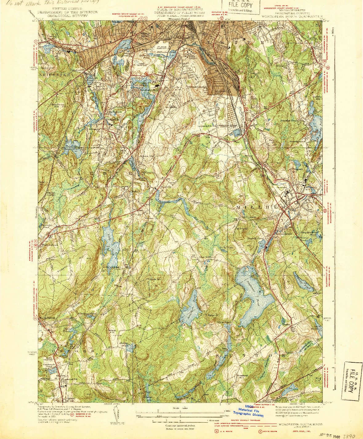 USGS 1:31680-SCALE QUADRANGLE FOR WORCESTER SOUTH, MA 1939