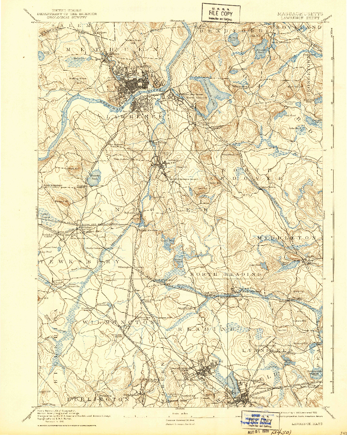 USGS 1:62500-SCALE QUADRANGLE FOR LAWRENCE, MA 1893