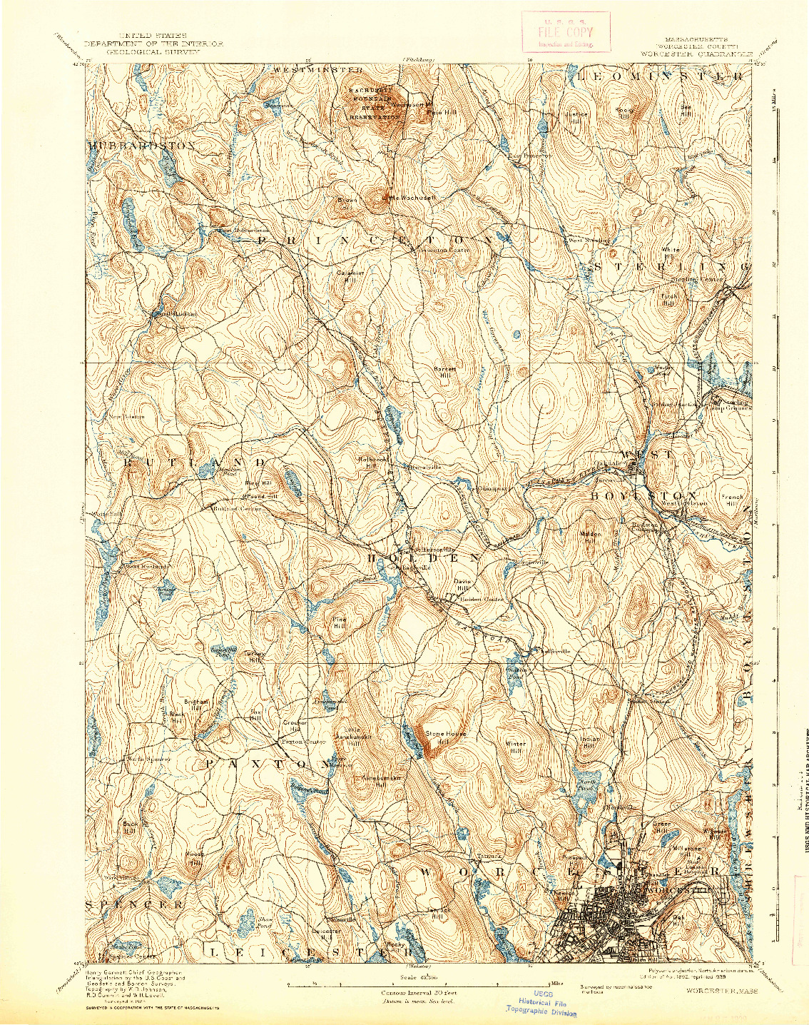 USGS 1:62500-SCALE QUADRANGLE FOR WORCESTER, MA 1892