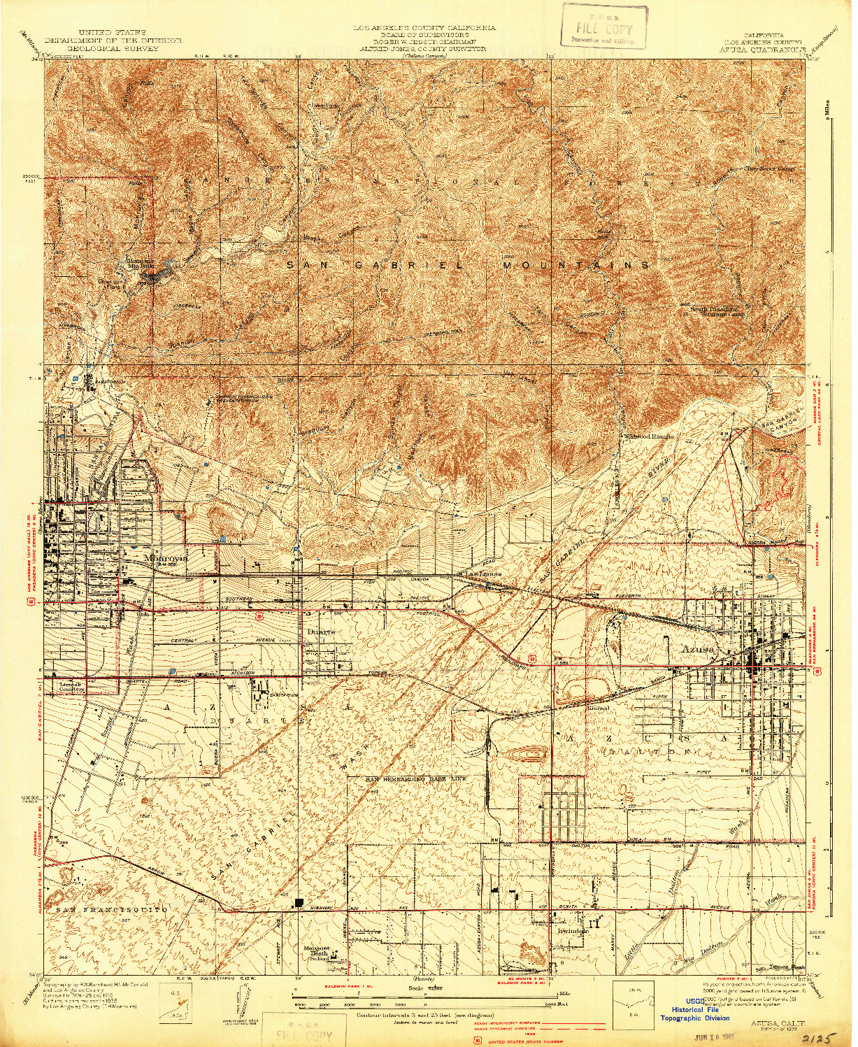 USGS 1:24000-SCALE QUADRANGLE FOR AZUSA, CA 1939