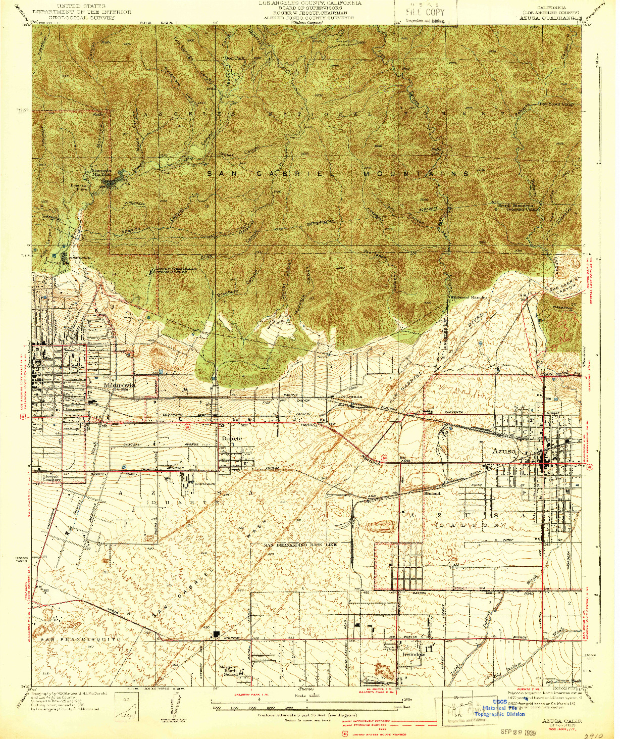 USGS 1:24000-SCALE QUADRANGLE FOR AZUSA, CA 1939