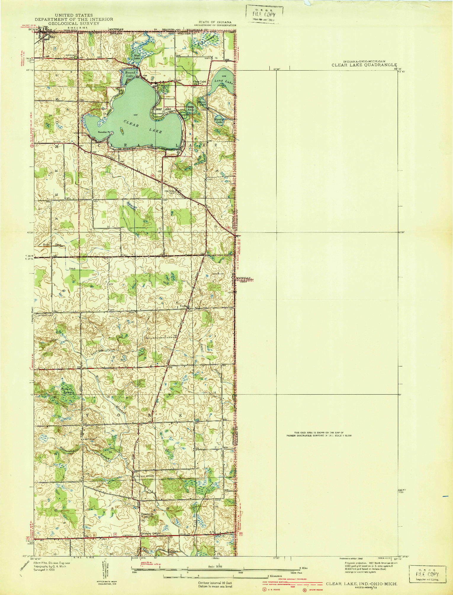 USGS 1:24000-SCALE QUADRANGLE FOR CLEAR LAKE, IN 1939