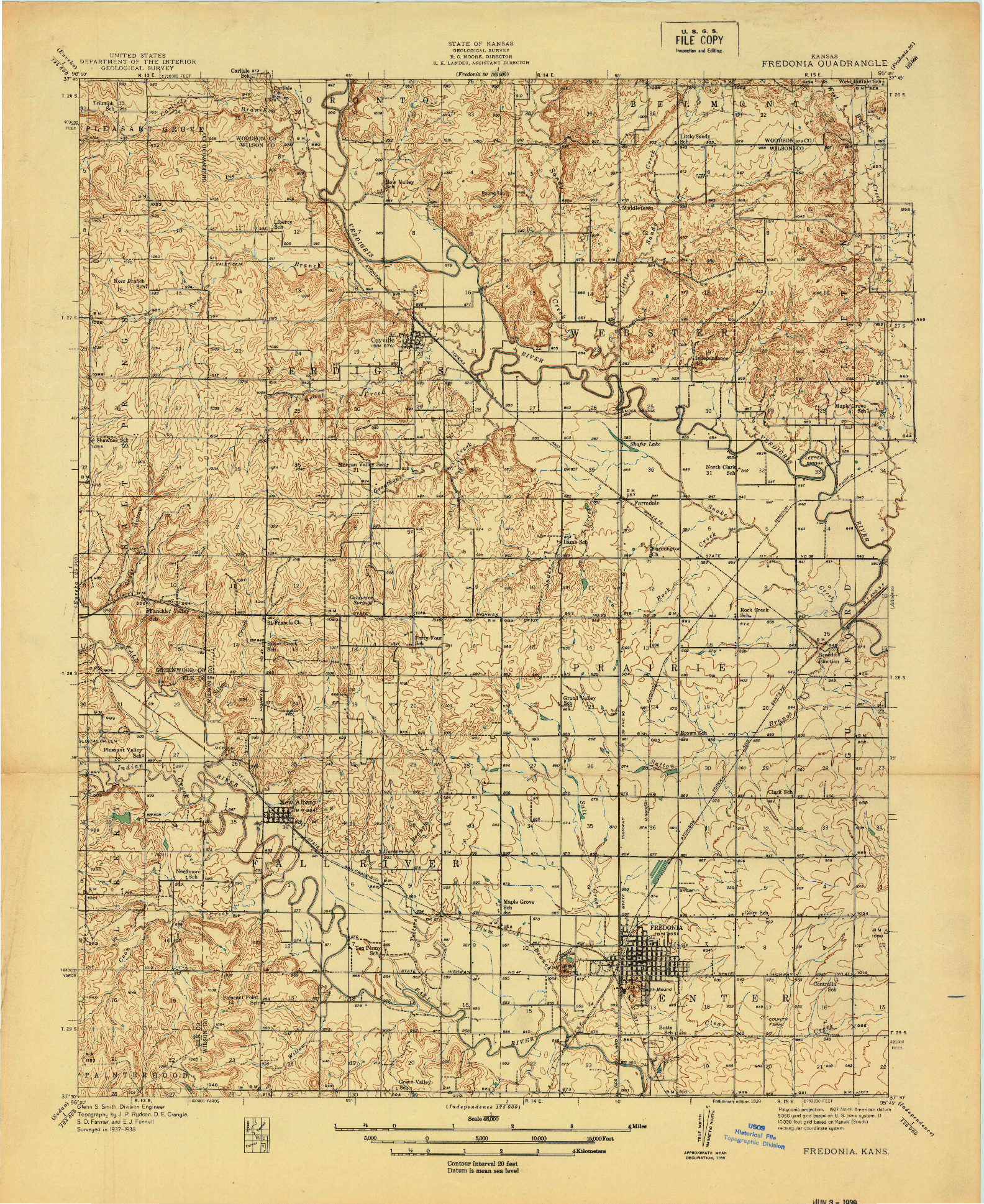 USGS 1:48000-SCALE QUADRANGLE FOR FREDONIA, KS 1939