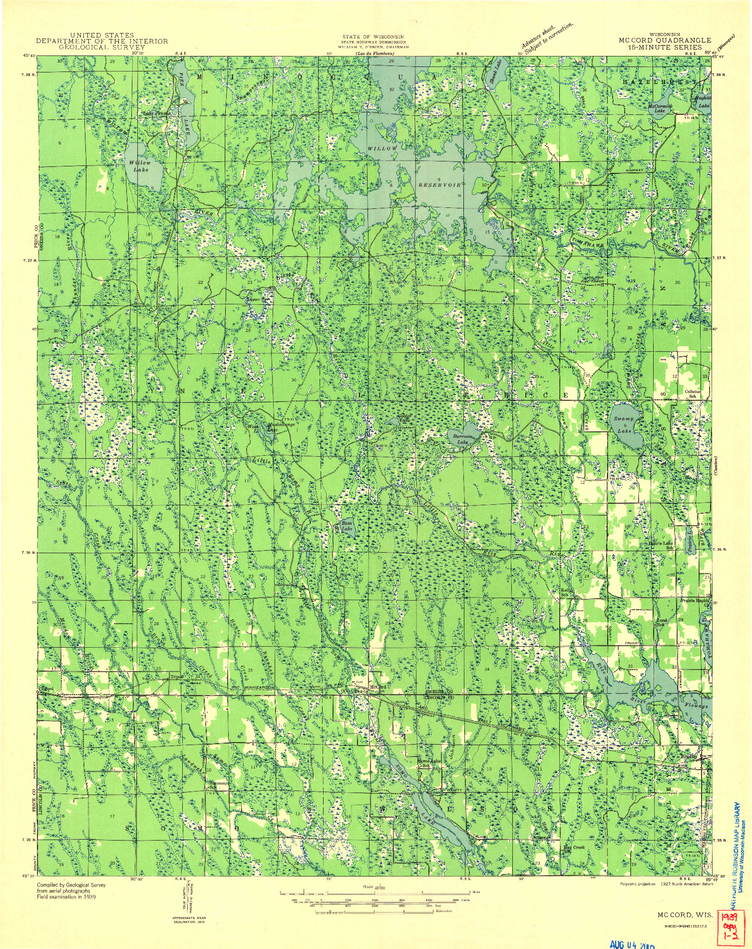 USGS 1:48000-SCALE QUADRANGLE FOR MC CORD, WI 1939