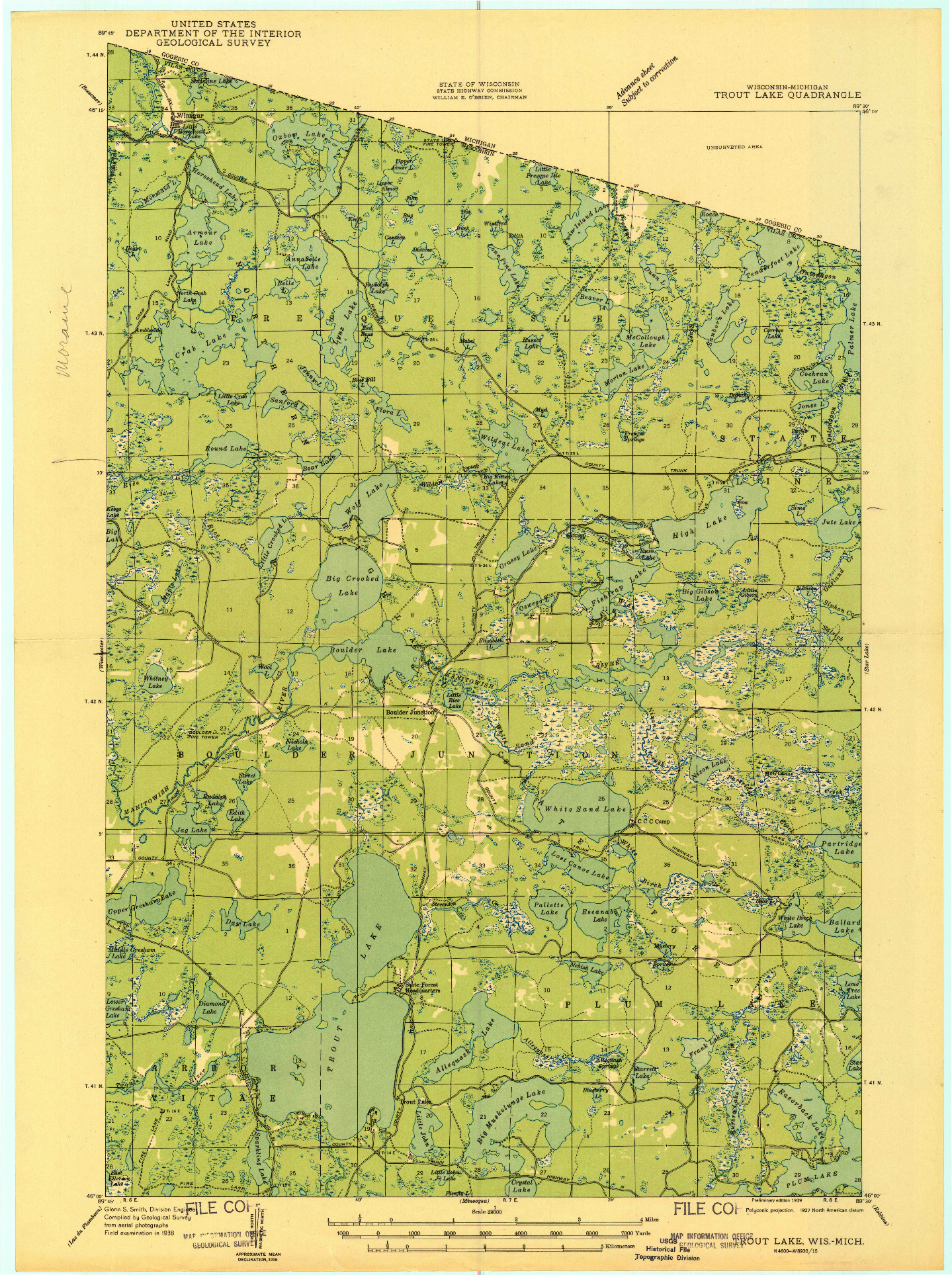 USGS 1:48000-SCALE QUADRANGLE FOR TROUT LAKE, WI 1939