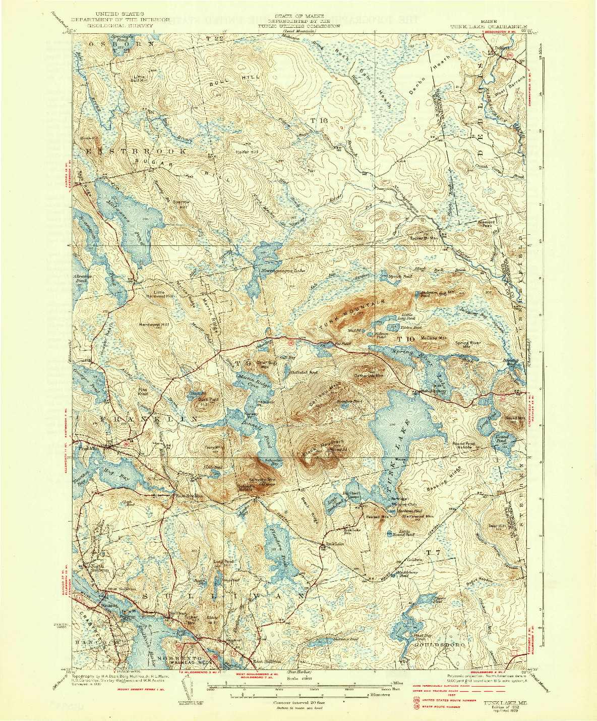 USGS 1:62500-SCALE QUADRANGLE FOR TUNK LAKE, ME 1932