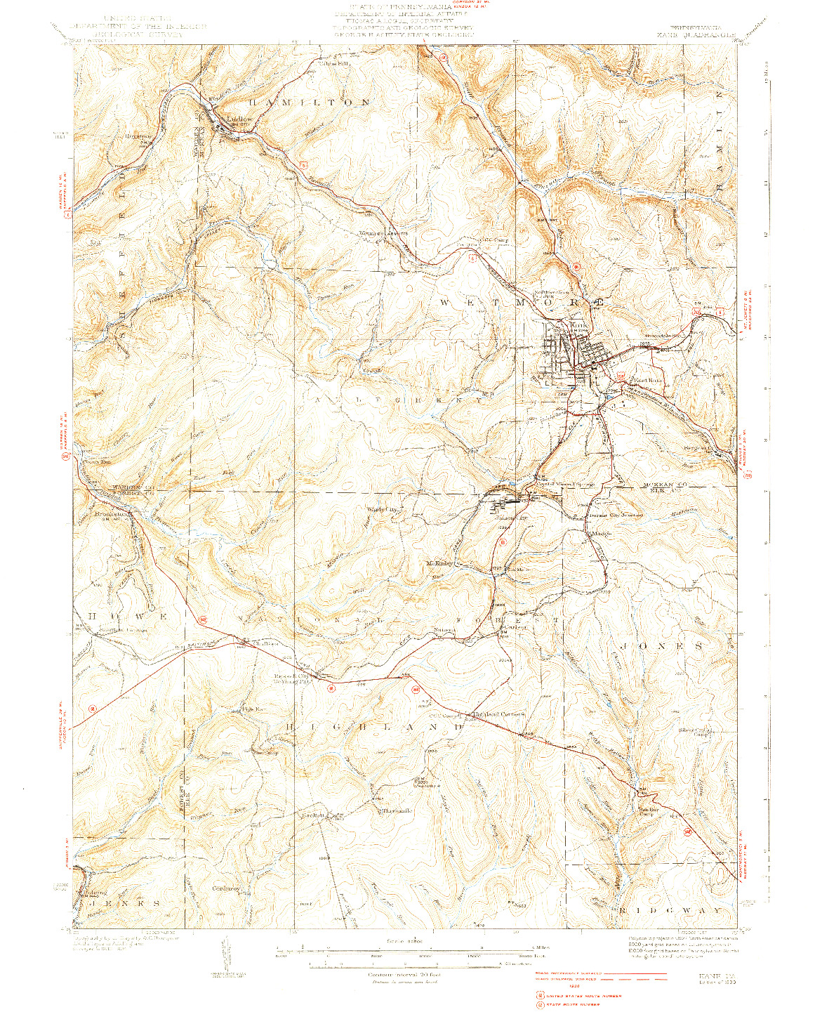 USGS 1:62500-SCALE QUADRANGLE FOR KANE, PA 1939